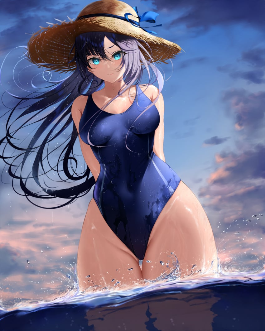 1girls blue_eyes curvy curvy_figure female female_only genshin_impact hat long_hair looking_at_viewer mona_(genshin_impact) one-piece_swimsuit solo solo_female swimsuit thick thick_thighs wet wide_hips xi_ying