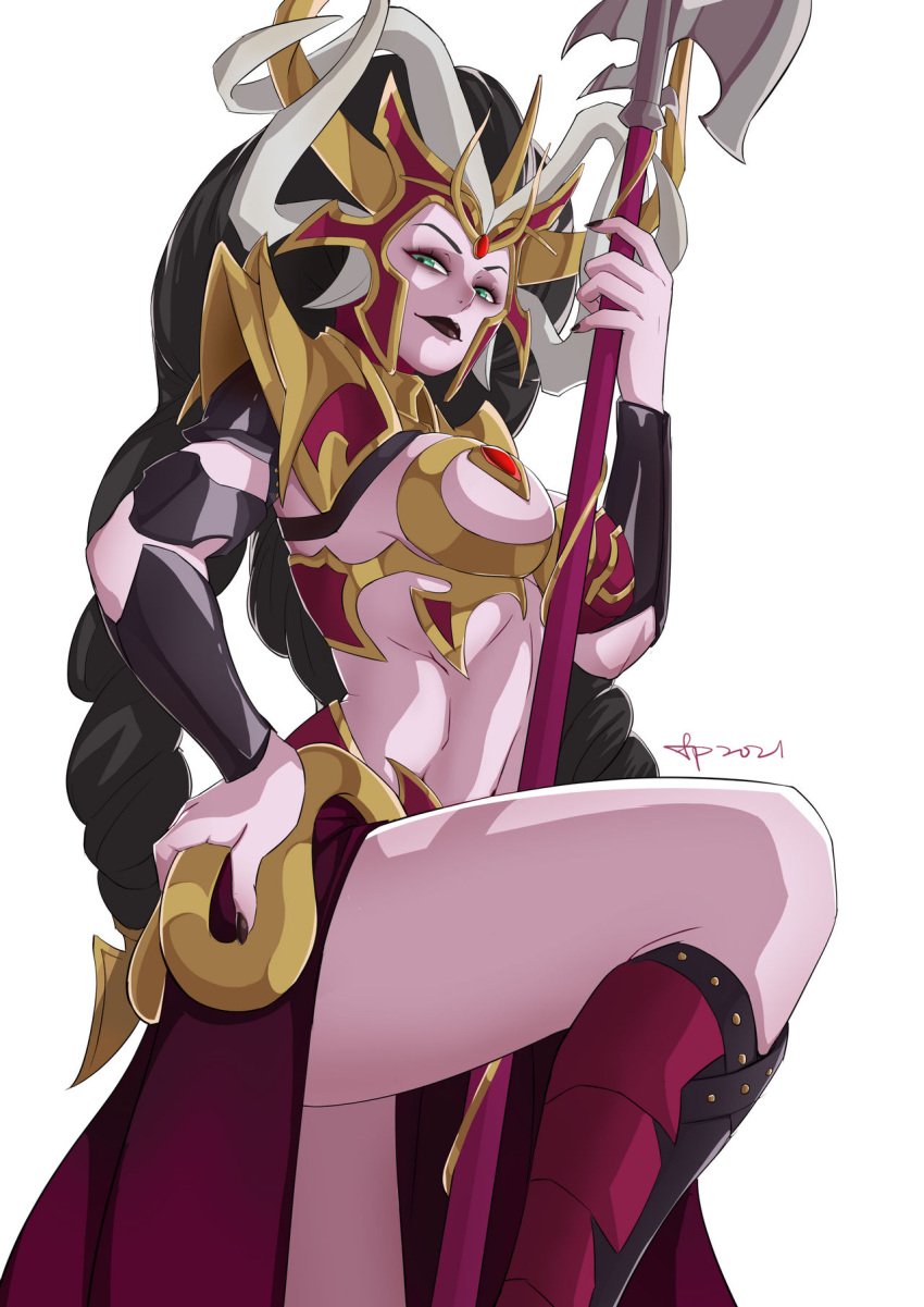 1girls armor bikini_armor black_hair black_lipstick black_nails breasts crown dark_elf druchii elf eyeliner female female_focus female_only frostypersimmons green_eyes hand_on_hip horn horns large_breasts long_hair looking_at_viewer looking_down mature_female midriff milf morathi older_female polearm poleaxe simple_background solo solo_female solo_focus thick_thighs thighs underboob very_long_hair warhammer_(franchise) warhammer_fantasy weapon white_background worm's-eye_view