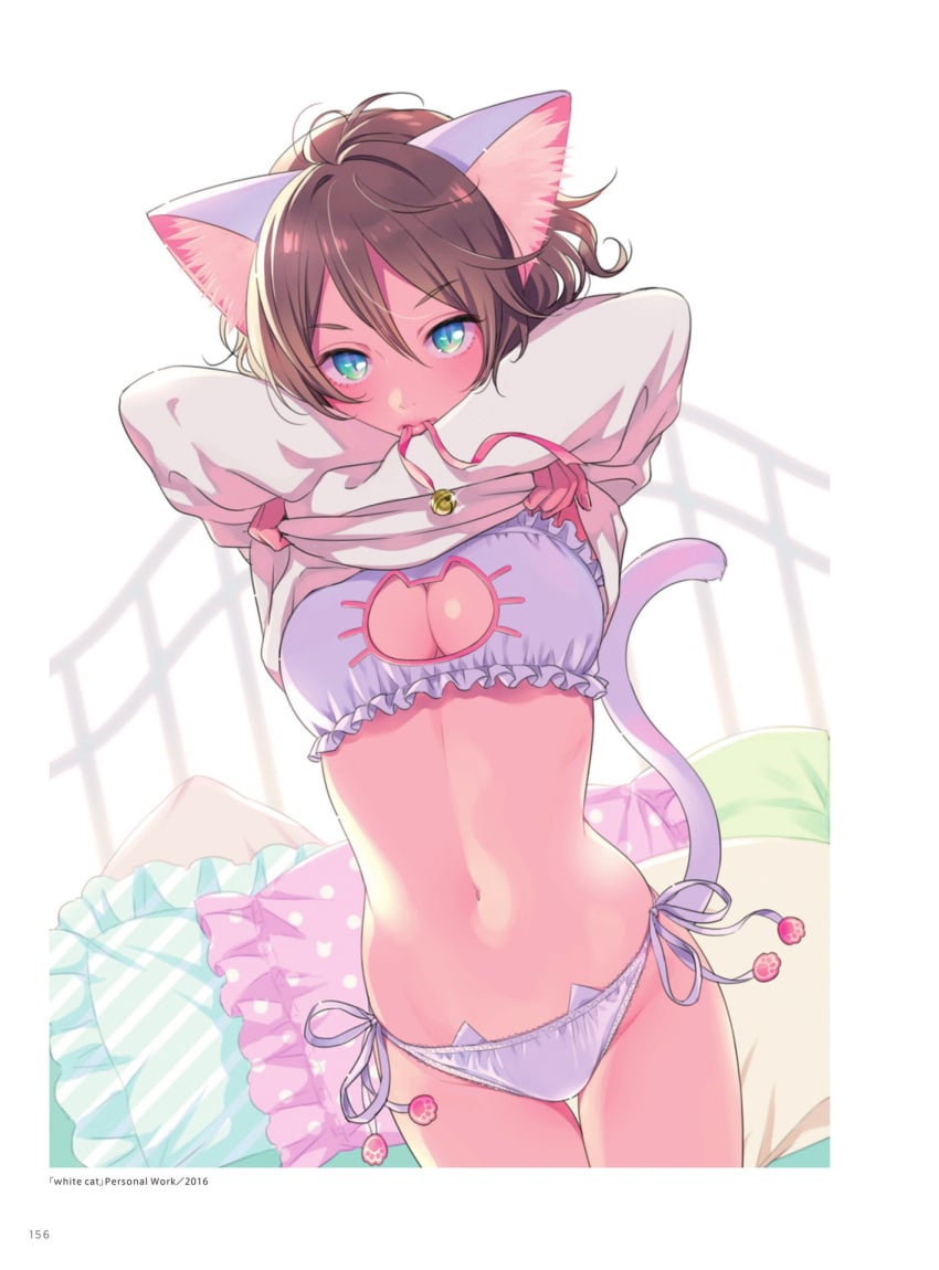 animal_ears animal_lingerie bra breasts cat_keyhole_bra cat_lingerie cat_tail cleavage cleavage_cutout clothing_cutout female high_resolution illustration_making&visual_book_morikura_en keyhole_bra lingerie morikura_en nekomimi pantsu solo source_request standing string_panties tagme tail underwear undressing