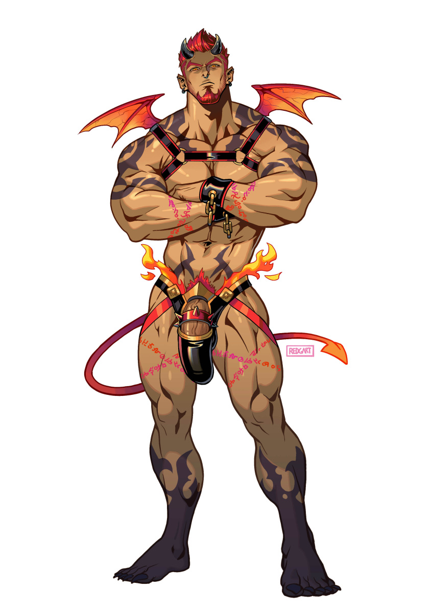 1boy abs absurdres alejandro_tio angry annoyed arm_tattoo bara bulge chest_harness clothing crossed_arms dark-skinned_male dark_skin demon_boy demon_horns demon_tail demon_wings dick_root facial_hair fire frown frowning_at_viewer full_body genitalwear goatee harness highres horns looking_at_viewer looking_down looking_down_at_viewer male male_focus male_only mature_male muscular muscular_male navel nipples orange_hair original pectorals penis pointy_ears pov pov_eye_contact redgart revealing_clothes sam_(red_gart) short_hair sneer solo solo_male standing stomach tail tattoo thighs underwear white_background wings