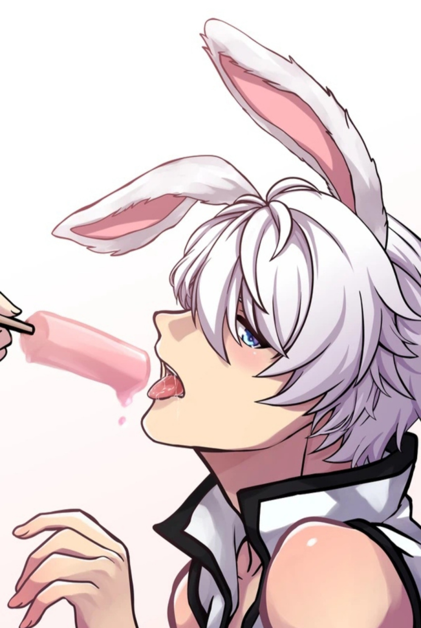 1boy blue_eyes bunny_ears gay honkai_impact kevin_kaslana looking_at_viewer male_only popsicle solo sucking tongue tongue_out white_hair yaoi