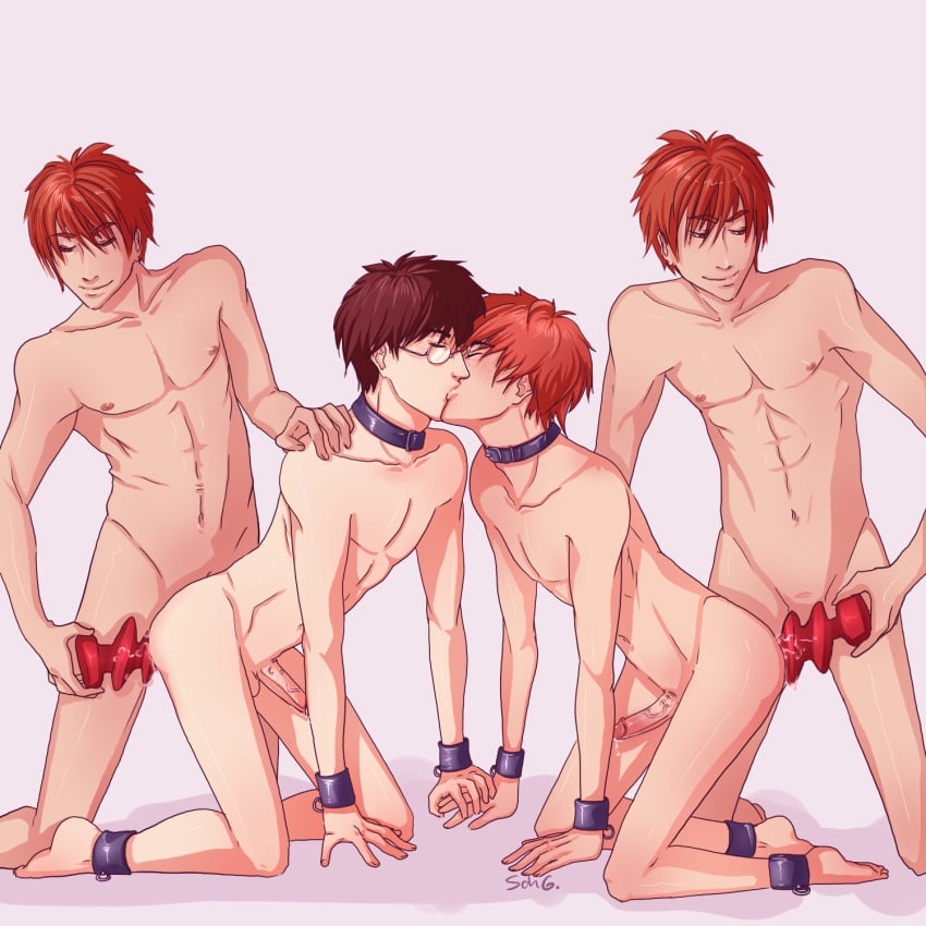 black_hair collar dick dildo fred_weasley gay george_weasley hairless hard_on harry_james_potter harry_potter kissing male naked red_hair ron_weasley schg skinny slave toy twins yaoi young