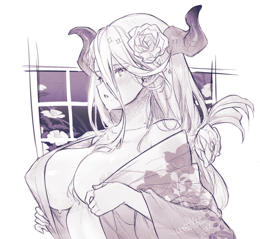 areolae bare_shoulders breasts collarbone female flower granblue_fantasy hair_between_breasts hair_flower hair_ornament hatching_(texture) highres horns izmir izmir_(granblue_fantasy) japanese_clothes kimono koza_game large_breasts long_hair nipples pointy_ears solo sweat water_drop window yukata