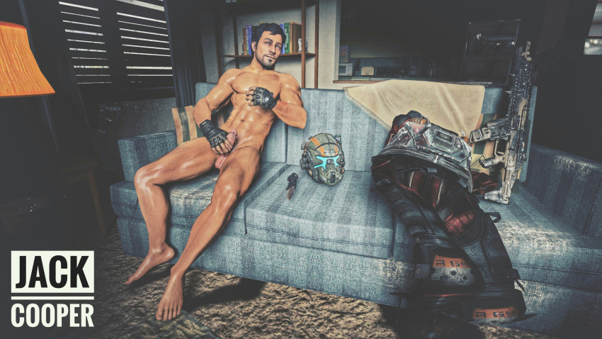 1boy 3d barefoot beard black_hair dark_hair facial_hair feet fingerless_gloves fit fit_male functionally_nude functionally_nude_male gloves goatee gun hand_on_chest handwear handwear_only helmet helmet_removed holding_penis huge_cock human indoors jack_cooper looking_at_viewer male male_only masturbation moustache muscle muscular muscular_male naked nude nude_male on_couch penis pilot_(titanfall) ranged_weapon sitting solo solo_male titanfall weapon white_sclera