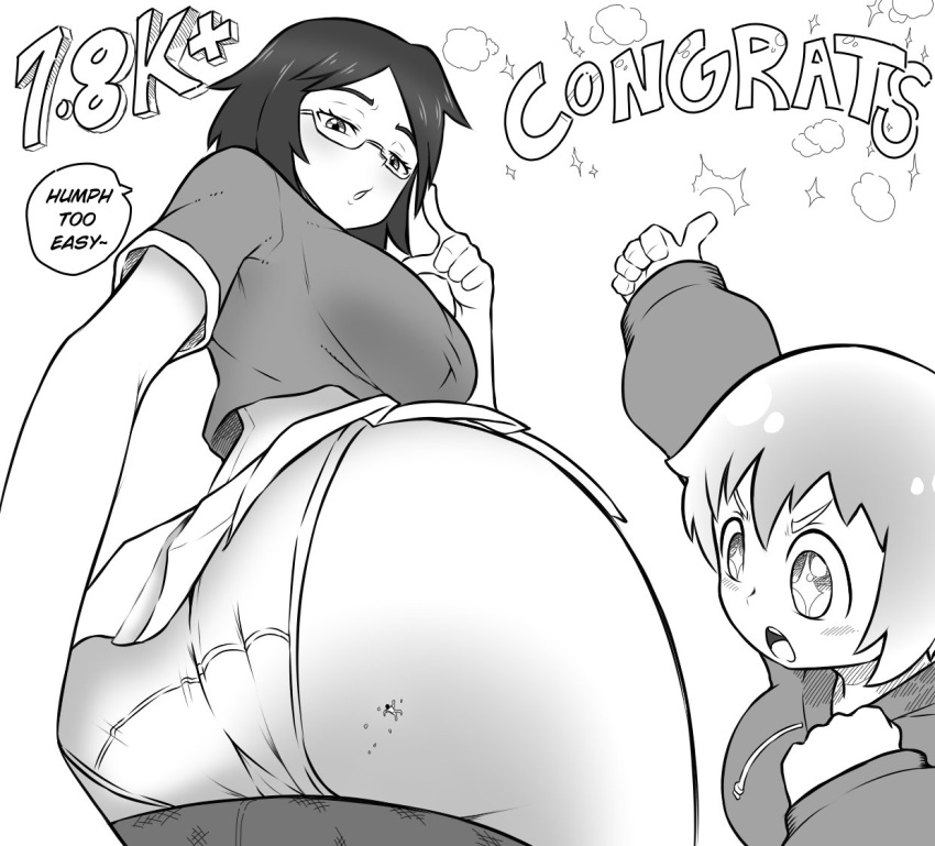 2girls butt_crush congratulations giantess glasses gtstamago huge_ass larger_female macro monochrome original_character panties size_difference skirt smaller_male sparkling_eyes thedaibijin