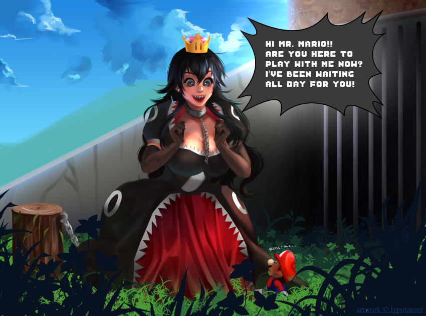 1girls black_dress bob-omb_battlefield breasts chain_chomp chompette excited giant happy lypotatoes mario mario_(series) new_super_mario_bros._u_deluxe super_mario_64 tagme