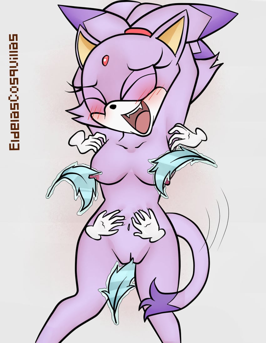 anthro arms_behind_head blaze_the_cat blush closed_eyes cosquillas eldelascosquillas feathers floating_hands laughing nude_female psychokinesis pussy_tickling rape sega silver_the_hedgehog sonic_(series) tail telekinesis tickling