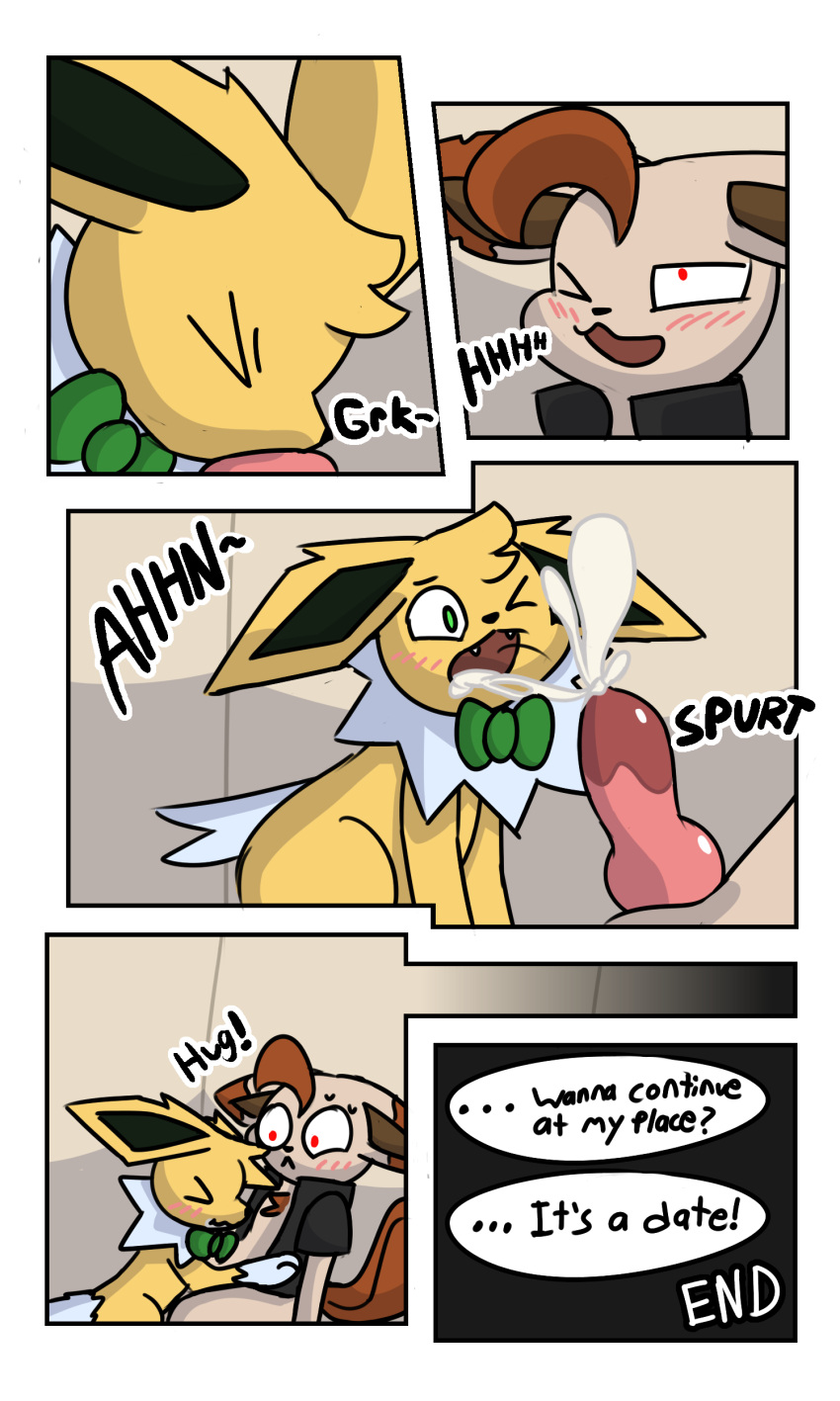 3:5 absurd_res baryon_(otterjunk) bodily_fluids bow_tie cider_(otterjunk) clothing comic cum cum_in_mouth cum_inside duo eeveelution english_text fellatio feral fur fur_tuft genital_fluids green_eyes hi_res jacket jolteon leafeon male male/male nintendo oral otterjunk penile pokemon pokemon_(species) red_eyes sex text topwear tuft video_games