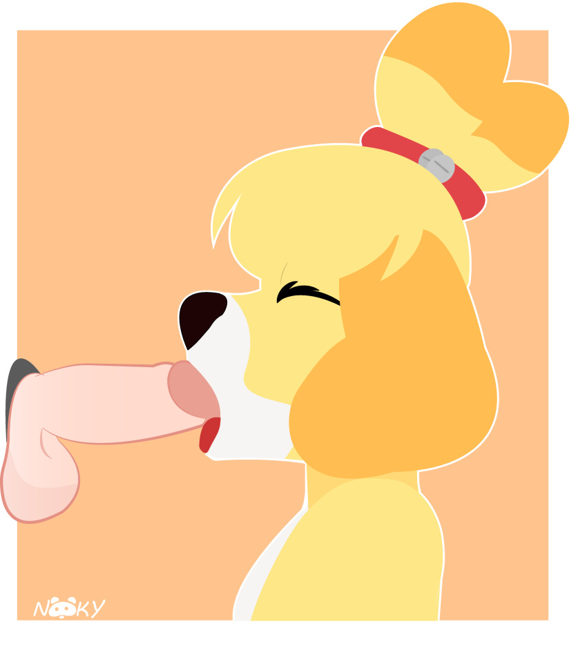 animal_crossing balls canid canine canis closed_eyes domestic_dog duo fellatio female genitals glory_hole hi_res isabelle_(animal_crossing) male male/female mammal nintendo nooky oral penile sex simple_background solo_focus tongue video_games