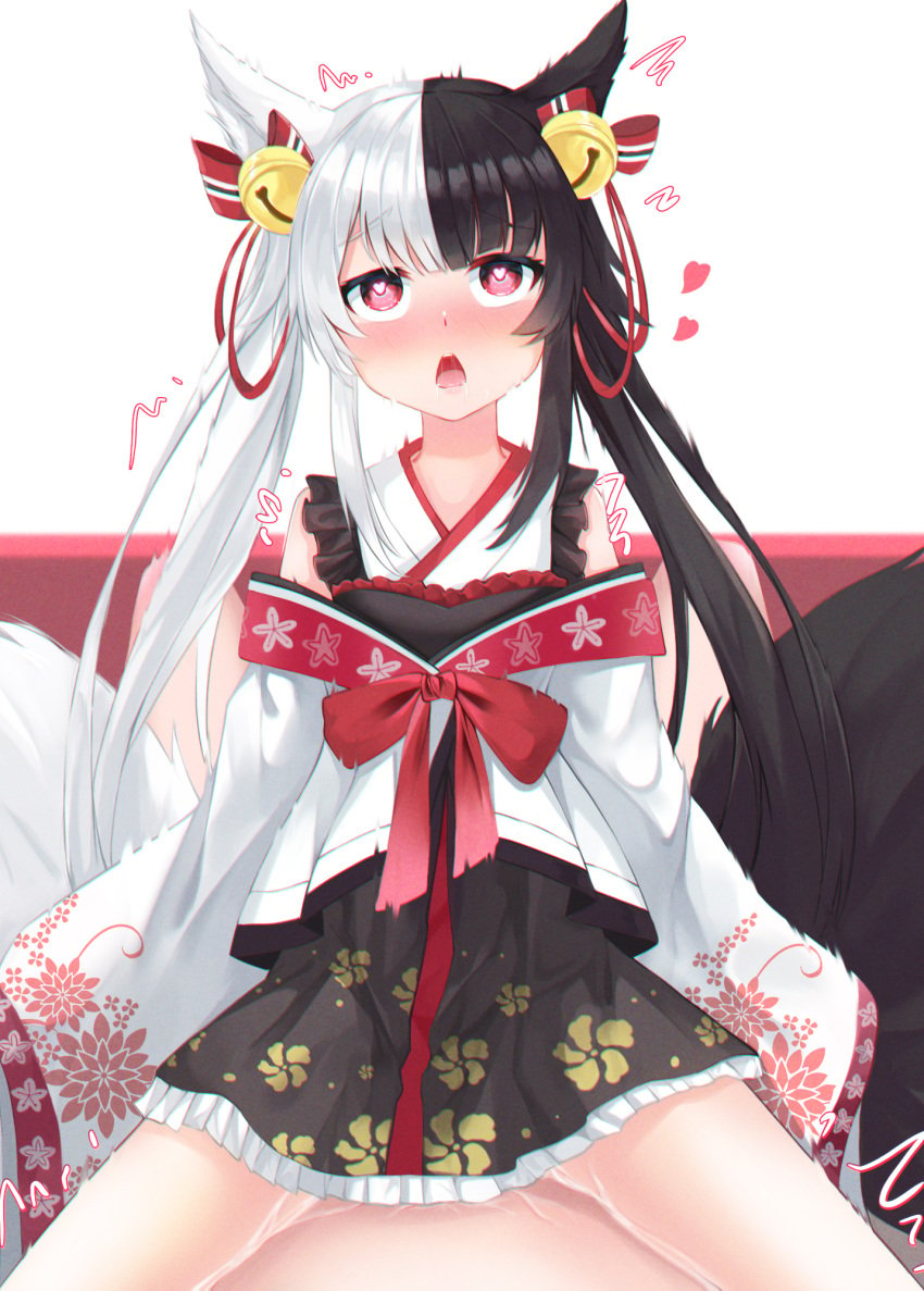 1boy alice_mana alice_mana_channel animal_ears bell black_hair blush clothed_sex cowgirl_position cum cum_in_pussy female fox_ears fox_tail hair_bell hair_ornament heart heart-shaped_pupils highres japanese_clothes jingle_bell kimono kimono_skirt marc09 multicolored_hair open_mouth pussy_juice red_eyes saliva sex straddling straight symbol-shaped_pupils tail twintails virtual_youtuber white_hair