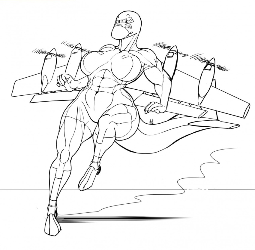 a-130 aeromorph aircraft anthro athletic black_and_white female landing line_art living_aircraft living_machine ndragon3 propeller