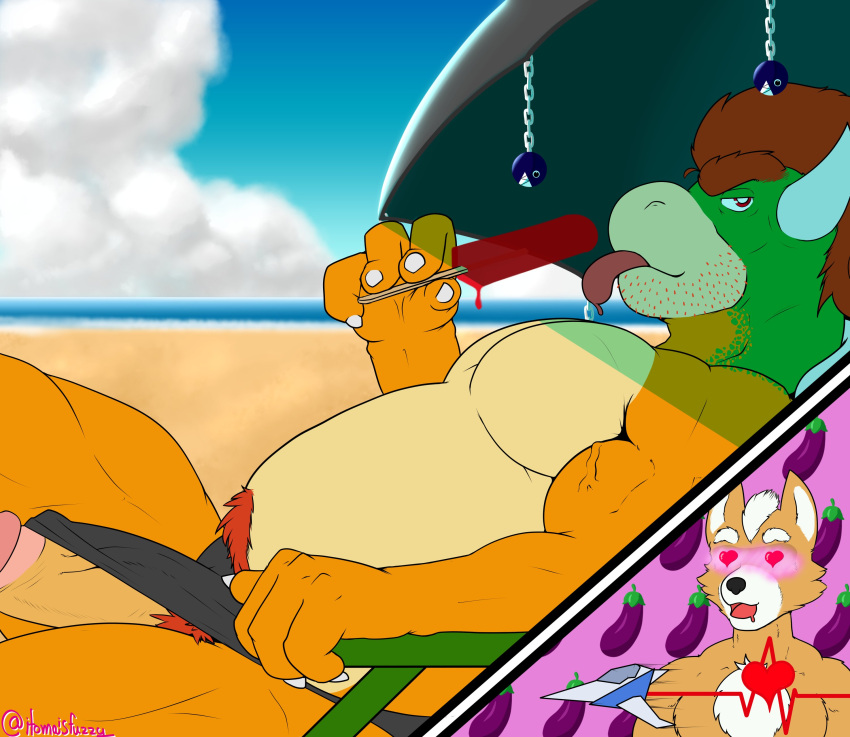 <3_eyes 2021 2boys absurd_res anthro artist_name bara beach belly biceps bodily_fluids bottomwear bottomwear_aside bowser canid canine character_name clothing clothing_aside cloud copyright_name crossover cutaway day drooling duo eggplant erection facial_hair food fox fox_mccloud fruit gay genitals hair heart heart_eyes hi_res horn humanoid_genitalia humanoid_penis itomaisfuzzy koopa licking looking_at_another love male male/male male_only mammal mario_(series) multiple_boys musclegut muscular muscular_anthro muscular_male narrowed_eyes nintendo open_mouth outdoors outside pecs penis plant poking_out popsicle pubes saliva scalie seaside shorts shorts_aside sitting sky solo_focus star_fox stubble text tongue tongue_out umbrella url vein video_games