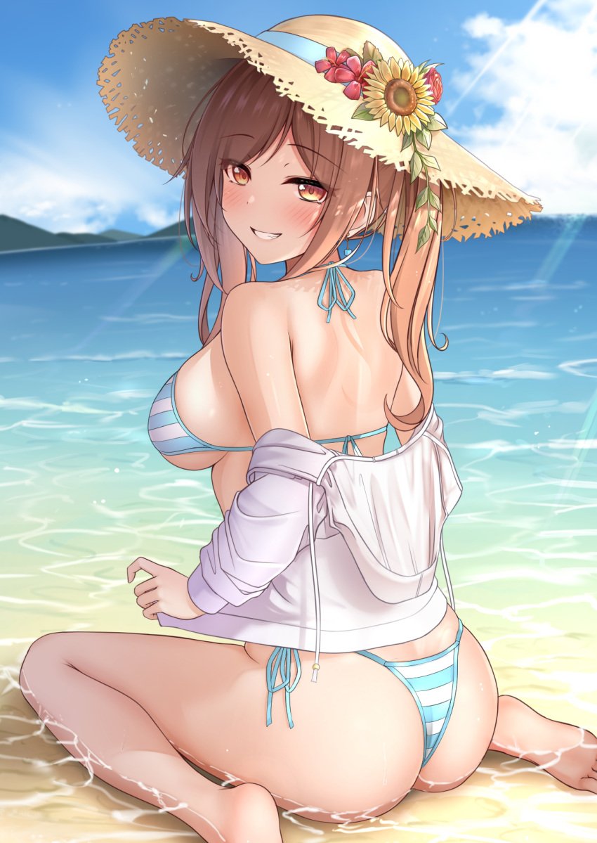 amber_eyes ass back bangs bare_shoulders barefoot beach bikini blue_bikini blush breasts brown_eyes brown_hair day drawstring eyebrows_visible_through_hair female flower from_behind grin halter_top halterneck hat hat_flower highres jacket large_breasts long_hair looking_at_viewer looking_back medium_breasts monaka_curl ocean off_shoulder open_clothes open_jacket orange_eyes original outdoors ponytail sand side-tie_bikini sidelocks sitting sky smile solo straw_hat string_bikini striped striped_bikini sun_hat swimsuit swimsuit_under_clothes twintails wariza water wet white_jacket