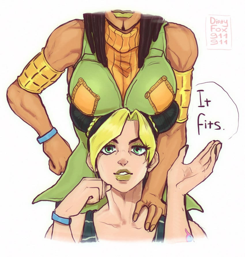 2girls armband armbands big_breasts black_hair blonde_hair breasts breasts_on_head cool_hat dark-skinned_female dark_skin dreadlocks dyed_hair ermes_costello female female/female fully_clothed green_eyes green_hair hair_bun head_out_of_frame human jojo's_bizarre_adventure jolyne_kujo light-skinned_female light_skin long_hair miserdirt self_upload shounen_jump stone_ocean tagme tanned_skin tattoo yuri