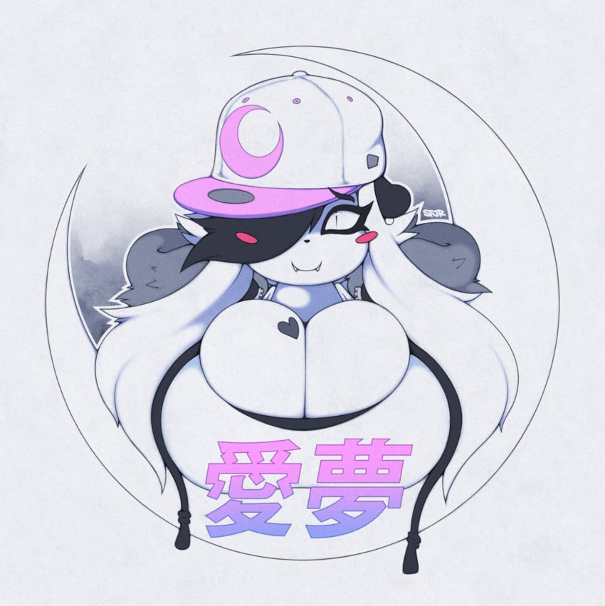 anthro big_breasts blush blush_stickers breasts bulging_breasts cleavage cleavage_overflow clothed clothing coat eyewear fangs female giant_panda hair hat headgear headwear hi_res hood hoodie huge_breasts japanese_text kanji luna_paws mammal moon pupils simple_background slightly_chubby slit_pupils smutbunny solo streetwear text topwear ursid