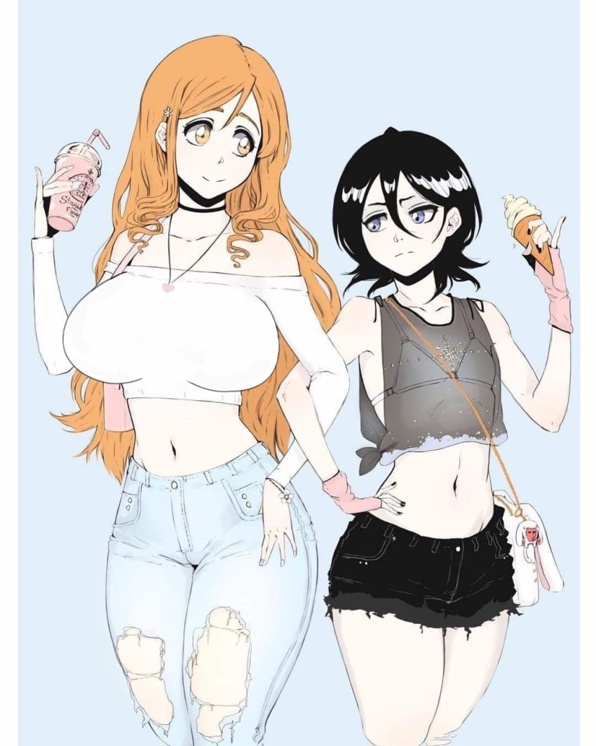 2girls bare_shoulders black_hair bleach bra choker clothing drink fingernails flat_chest flat_chested gloves ice_cream inoue_orihime kuchiki_rukia large_breasts long_hair long_orange_hair long_sleeves looking_at_another looking_at_breasts navel orange_eyes orange_hair purple_eyes ripped_jeans rozuberry see-through_clothing short_black_hair short_hair shorts simple_background small_breasts smile smoothie streetwear