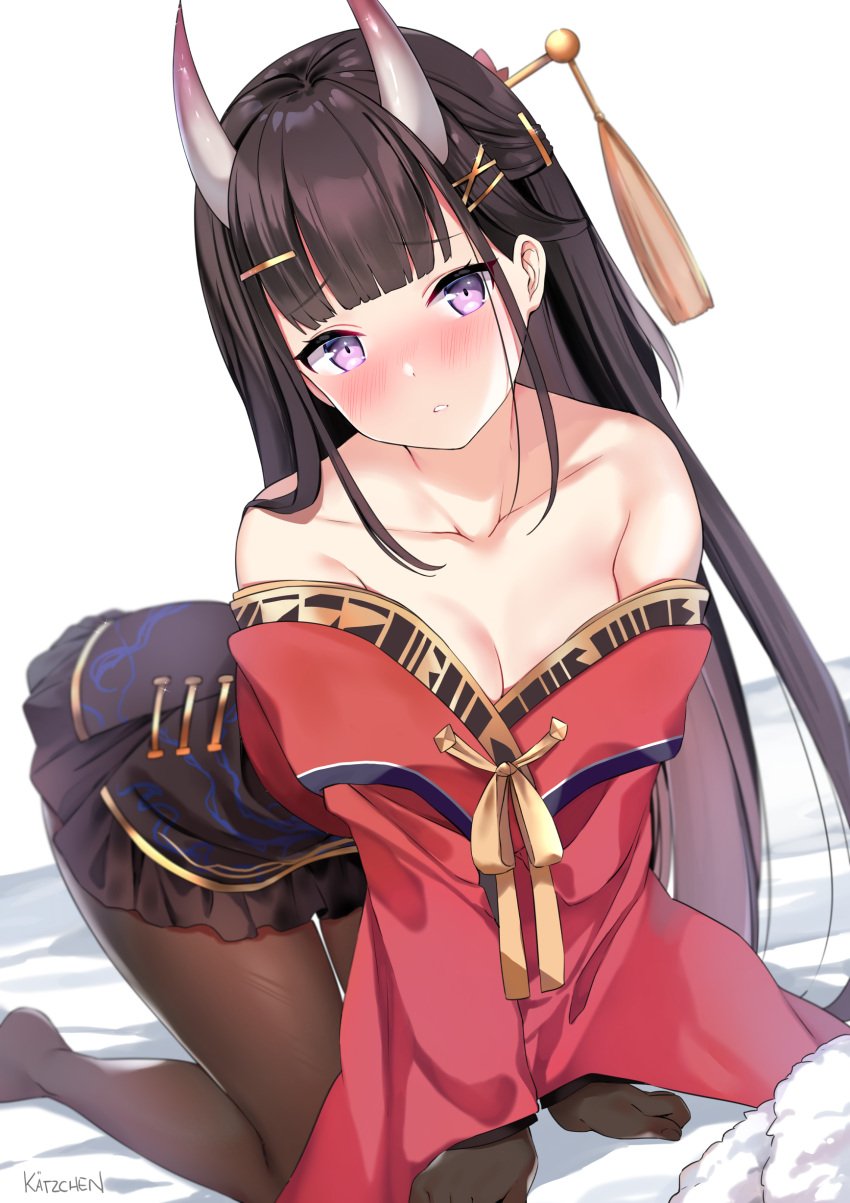 1girls all_fours azur_lane bangs bare_shoulders black_skirt blush breasts brown_hair brown_legwear clavicle cleavage female female_only gloves hair_ornament hairclip hairpin high_resolution horns jewelry kaetzchen katzchen kimono legwear light-skinned_female light_skin long_hair long_sleeves looking_at_viewer medium_breasts no_bra noshiro_(azur_lane) noshiro_(uncharted_festival_grounds?)_(azur_lane) off_shoulder oni_horns open_clothes open_mouth open_shirt pantyhose purple_eyes red_kimono robe sakura_empire_(azur_lane) simple_background skirt solo straight_hair tagme thighs very_high_resolution wafuku white_background wide_sleeves