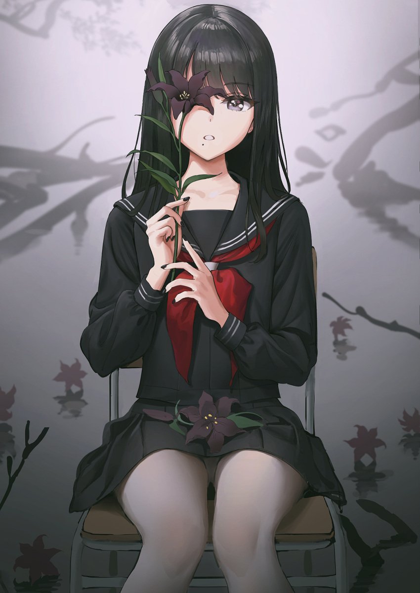 alternate_hairstyle ameyame bangs black_eyes black_flower black_hair black_sailor_collar black_serafuku black_shirt black_skirt blush chair eyebrows_visible_through_hair flower highres holding holding_flower idolmaster idolmaster_shiny_colors kazano_hiori lily_(flower) long_hair looking_at_viewer mole mole_under_mouth nail_polish neckerchief open_mouth pantyhose pleated_skirt red_neckwear sailor_collar school_chair school_uniform serafuku shirt sitting skirt swept_bangs tagme white_legwear