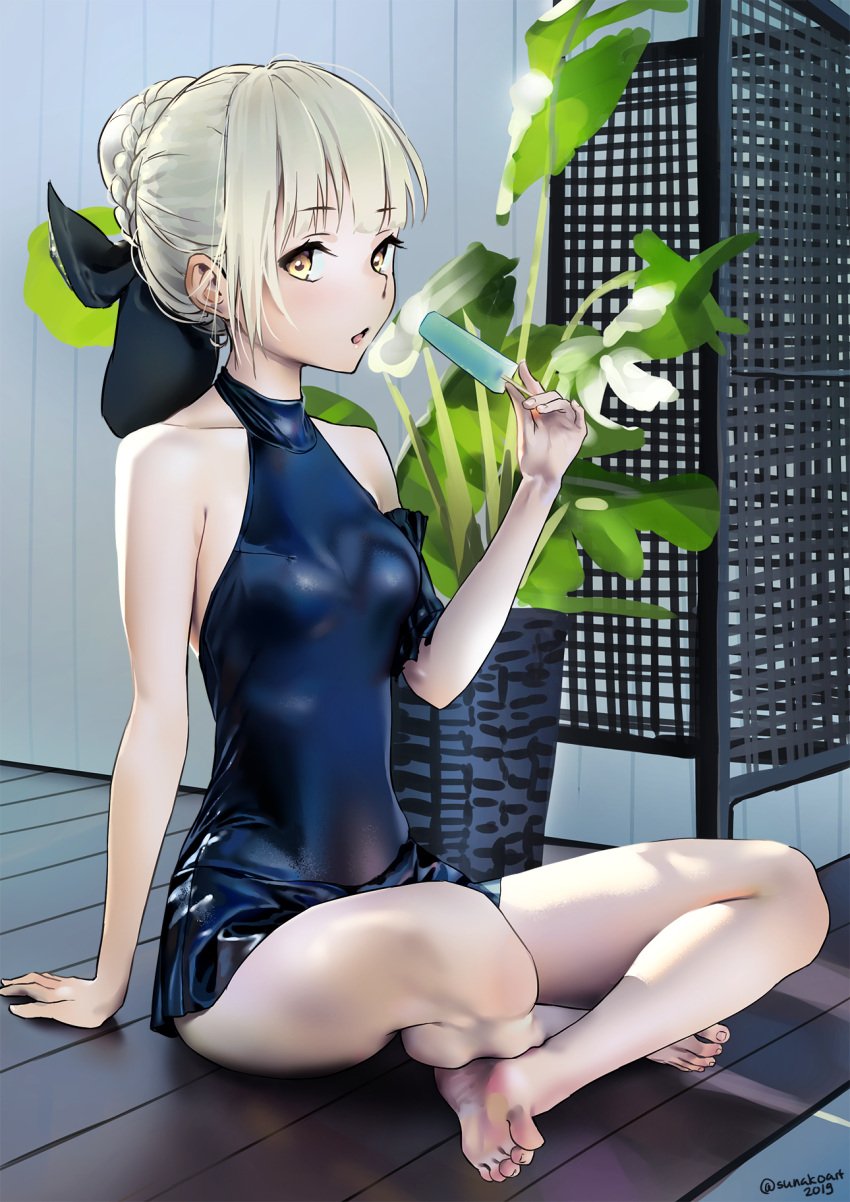 :o arm_support artoria_pendragon artoria_pendragon_(alter) artoria_pendragon_(alter)_(swimsuit_rider) bangs bare_shoulders barefoot black_bow black_swimsuit blonde_hair bow braid breasts clavicle crossed_legs crown_braid eyebrows_visible_through_hair fate/grand_order fate_(series) feet female food hair_bun hair_ornament hair_ribbon hairbow high_resolution holding holding_food holding_object indian-style_sitting indoors looking_at_viewer medium_breasts on_floor one-piece_swimsuit open_mouth pale_skin photo-referenced plant popsicle potted_plant ribbon saber shiny shiny_clothes sidelocks sitting small_breasts soles solo sunako_(veera) swimsuit tagme tied_hair toes white_hair wooden_floor yellow_eyes