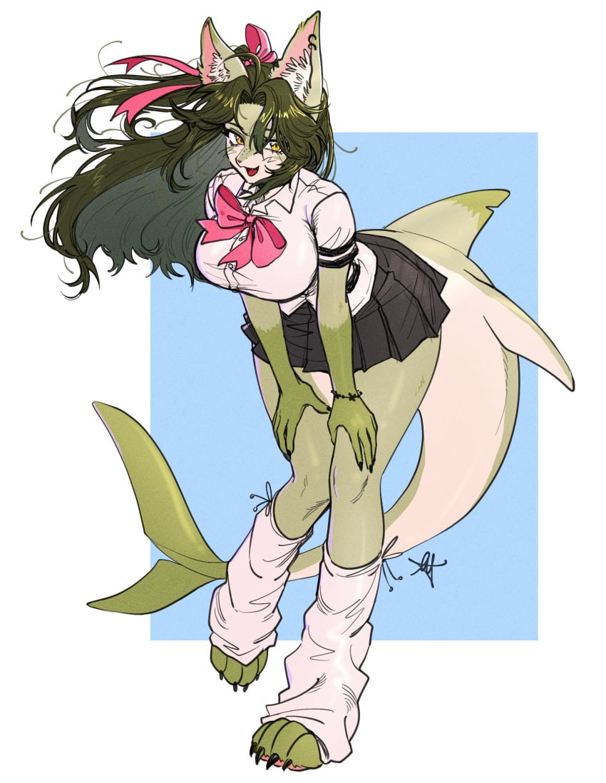 1girls 2023 anchovy_(cursedanchovy) big_breasts blush breasts canine claws cursedanchovy cute ear_piercing female female_only freckles furry furry_only green_body green_fur green_hair huge_breasts hybrid inner_ear_fluff looking_at_viewer pawpads paws school_uniform shark shark_tail signature simple_background skirt white_fur wholesome wolf wolf_ears wolf_girl yellow_eyes