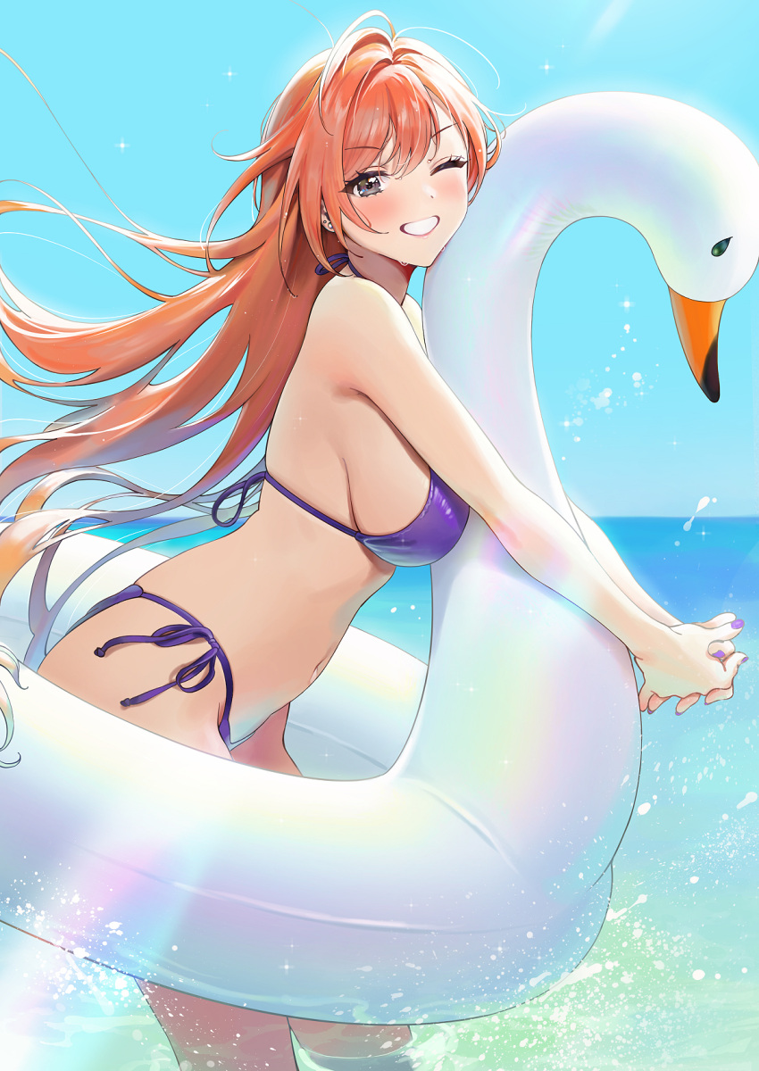 1girls ameyame arisugawa_natsuha bangs bare_shoulders bikini blue_sky blush breasts female from_side grey_eyes grin highres idolmaster idolmaster_shiny_colors innertube large_breasts long_hair looking_at_viewer nail_polish navel ocean one_eye_closed orange_hair purple_bikini purple_nails sky smile swept_bangs swimsuit tagme thighs wading water