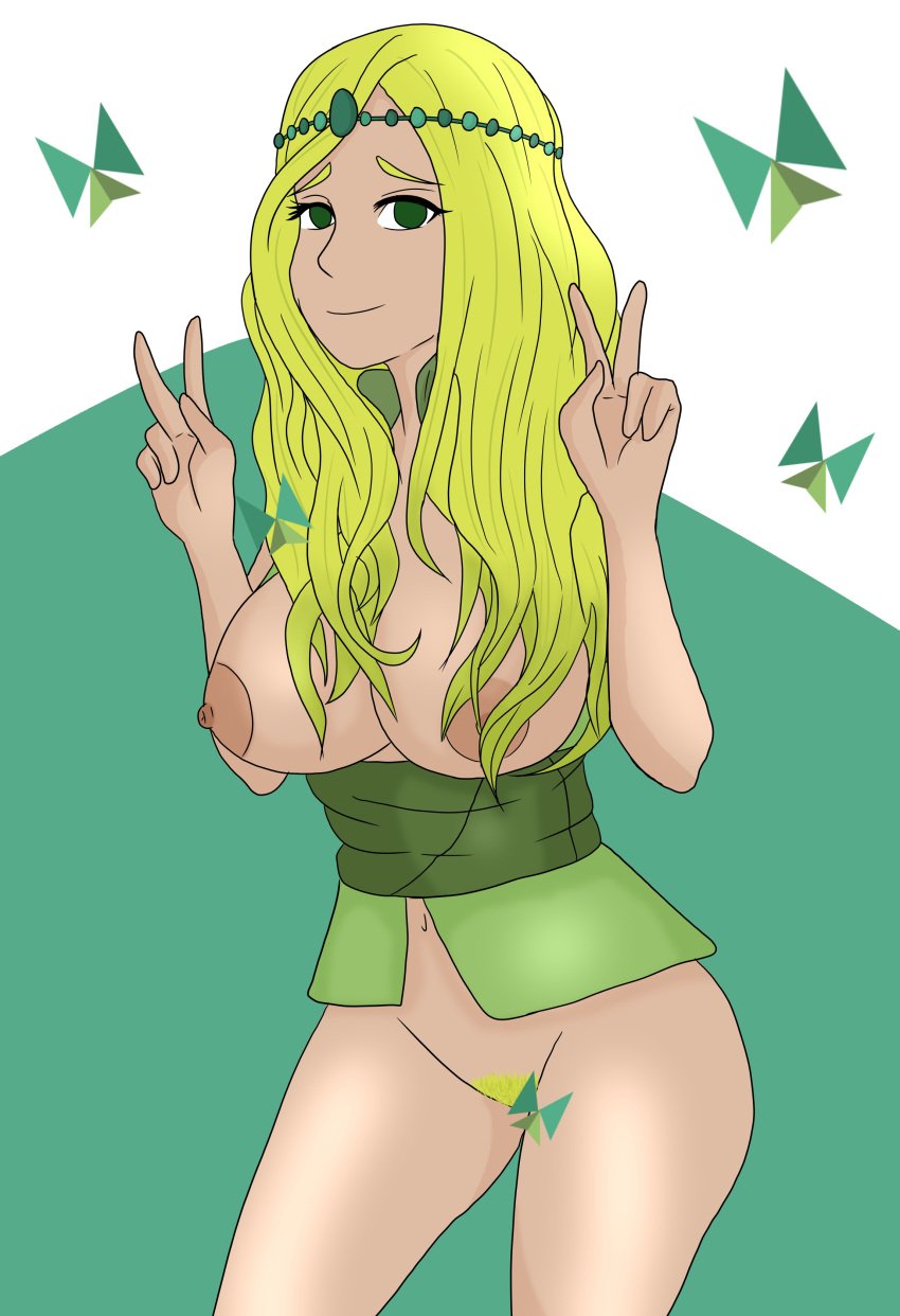 areola big_breasts bottomless bottomless_female breasts breasts_out_of_clothes clothing double_v eyelashes female female_pubic_hair green_eyes headwear humanization infp jewelry large_breasts long_hair looking_at_viewer mbti nipples pubic_hair smile solo standing tagme thighs wavy_hair