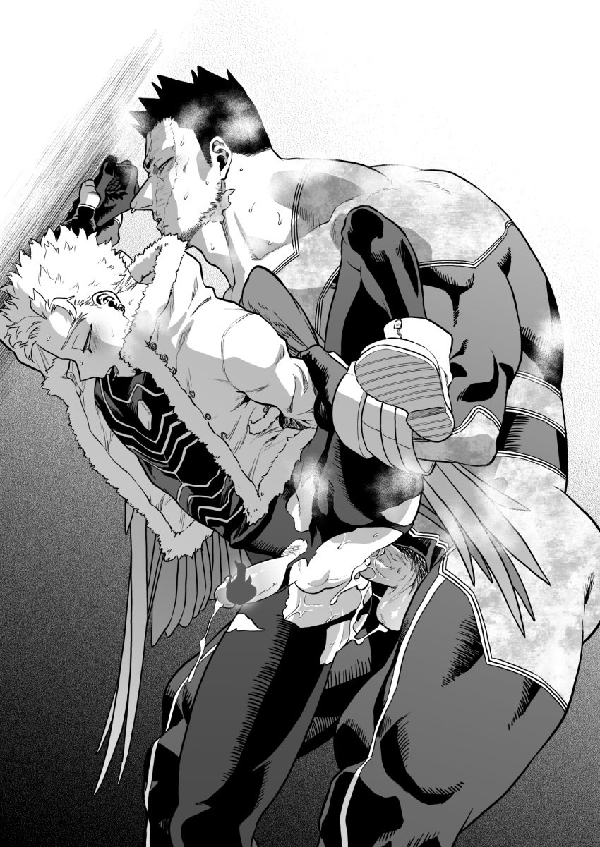 2boys anal bara blush bodysuit couple cum cum_while_penetrated ejaculation endeavor_(my_hero_academia) enji_todoroki erection facial_hair feathered_wings feet_out_of_frame from_side greyscale happy_sex hawks_(my_hero_academia) highres keigo_takami large_pectorals leg_grab male_focus male_only mature_male monochrome multiple_boys muscular muscular_male my_hero_academia overflow pain-lucky777 pants pectorals penis scar scar_across_eye sex short_hair sideburns sidepec spiked_hair spread_legs steam stubble sweat thick_thighs thighs torn_clothes torn_pants wings yaoi