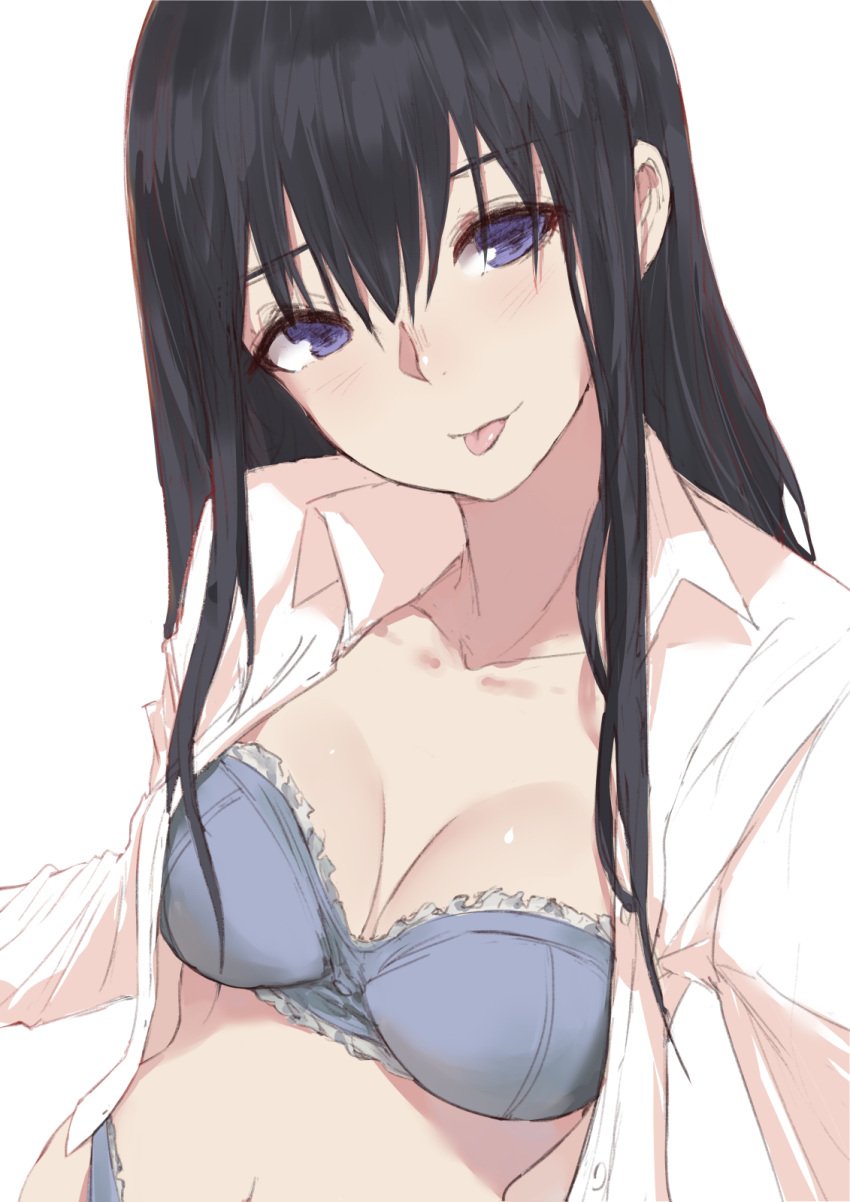 1girls :p bangs black_hair blouse blue_bra blue_eyes blue_panties blue_underwear blush bra breasts clavicle cleavage closed_mouth collared_shirt dress_shirt eyelashes eyeliner female female_only frills hair_between_eyes high_resolution koe_no_katachi light_smile lingerie long_hair long_sleeves looking_at_viewer makeup medium_breasts navel norman_maggot open_clothes open_shirt panties pantsu romaji_commentary school_uniform shirt simple_background solo tagme tongue tongue_out ueno_naoka underwear upper_body white_background white_shirt wing_collar