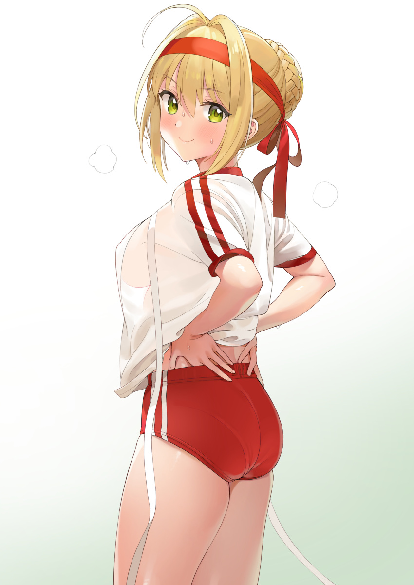 10s absurdres ahoge ameyame ass blonde_hair blush braid breasts buruma closed_mouth eyebrows_visible_through_hair eyes_visible_through_hair fate/extra fate/grand_order fate_(series) female french_braid gradient gradient_background green_eyes gym_uniform hair_between_eyes hair_bun hair_intakes headband highres hip_focus large_breasts long_hair looking_at_viewer looking_back nero_claudius_(fate) nero_claudius_(olympian_bloomers) olympian_bloomers pantylines ribbon shirt short_sleeves silhouette smile solo sweat tagme thighs white_background white_ribbon white_shirt