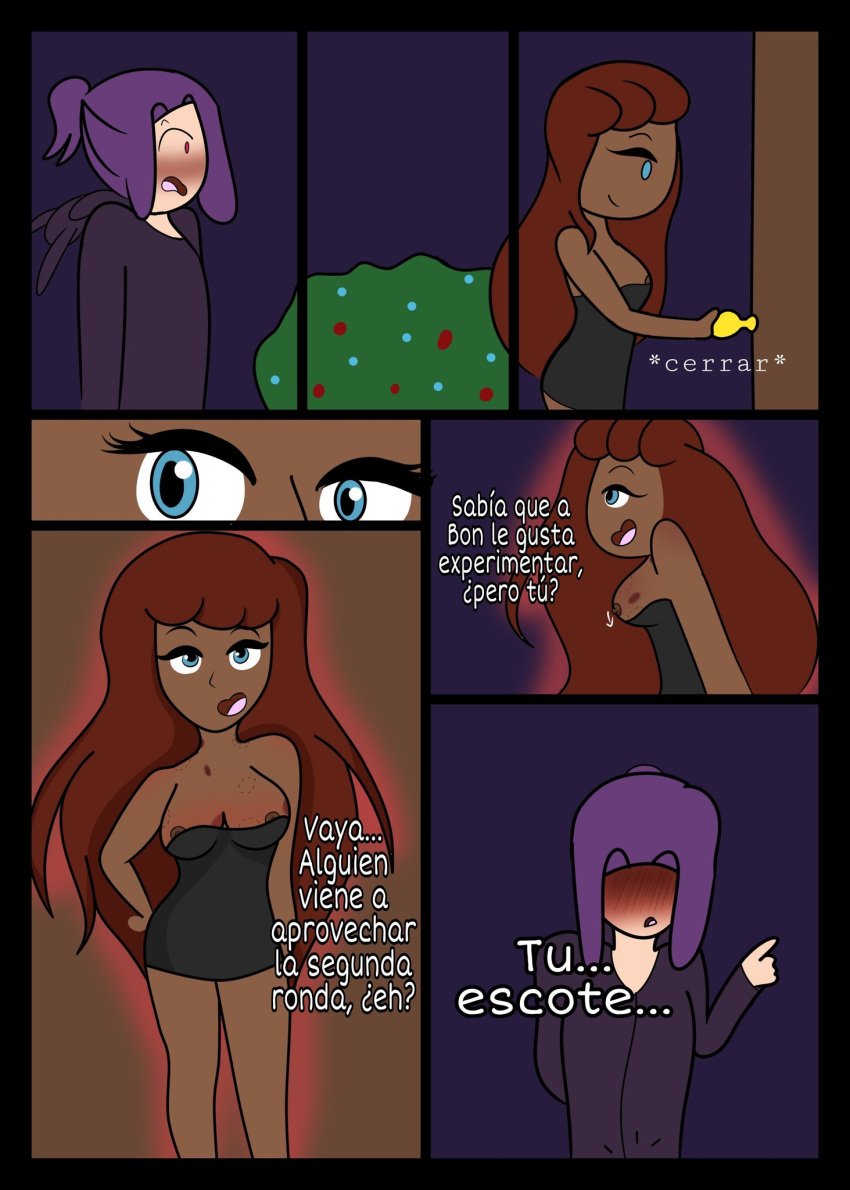 blue_eyes blush bonnie_(fnafhs) breasts dark-skinned_female dark_skin erection fnafhs fnafhs_z3ro red_eyes red_hair spanish_text tagme text toddy_(fnafhs) trademark violet_hair