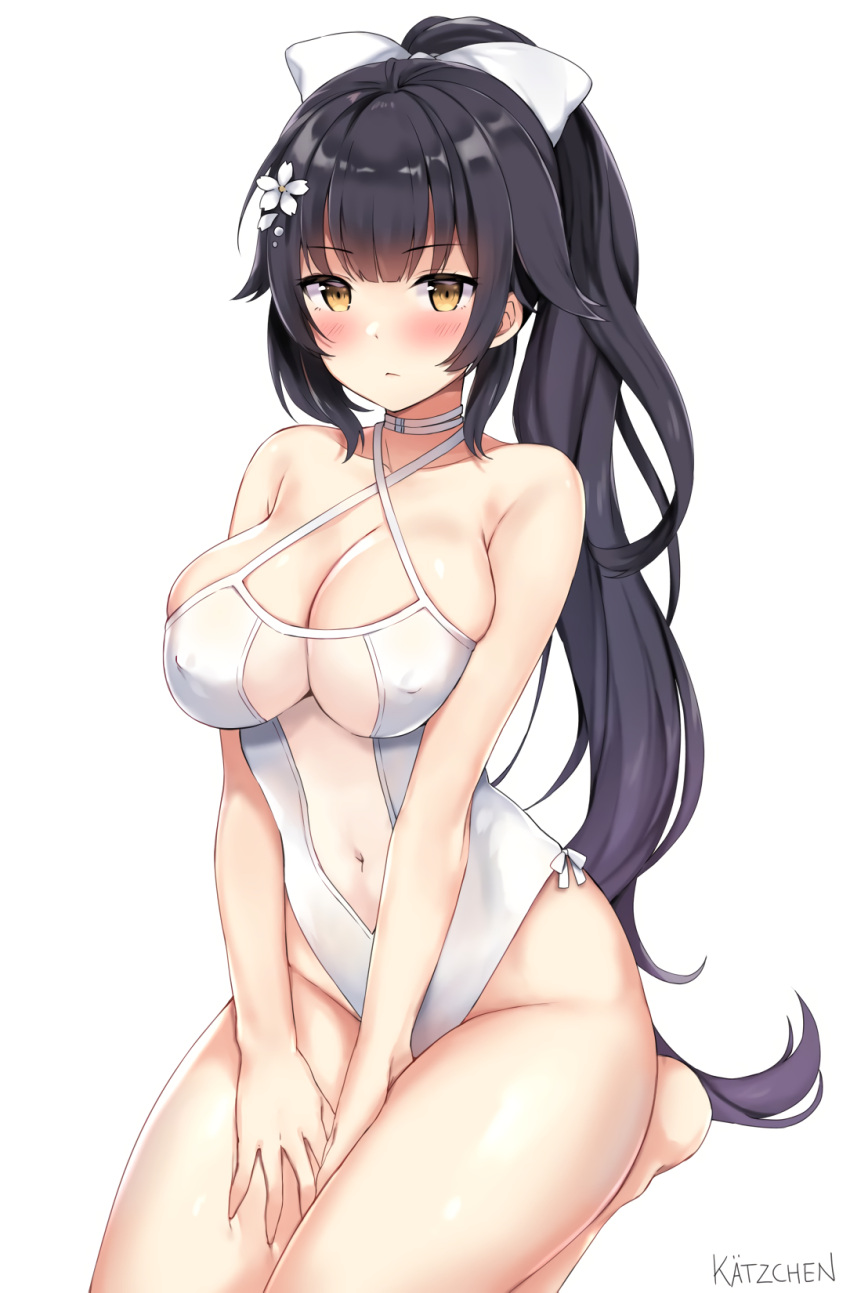 anthropomorphization artist_name azur_lane barefoot bent_knees black_hair blush bow breasts clavicle cleavage erect_nipples erect_nipples_under_clothes exposed_shoulders feet female flower golden_eyes hair hair_flower hair_ornament hairbow hand_on_leg high_ponytail high_resolution kaetzchen katzchen large_breasts light_background long_hair long_ponytail looking_at_viewer midriff navel nipples one-piece_swimsuit ponytail potential_duplicate seiza sidelocks simple_background sitting solo swimsuit tagme takao_(azur_lane) takao_(beach_rhapsody)_(azur_lane) text tied_hair twitter upscaled waifu2x white_background white_bow