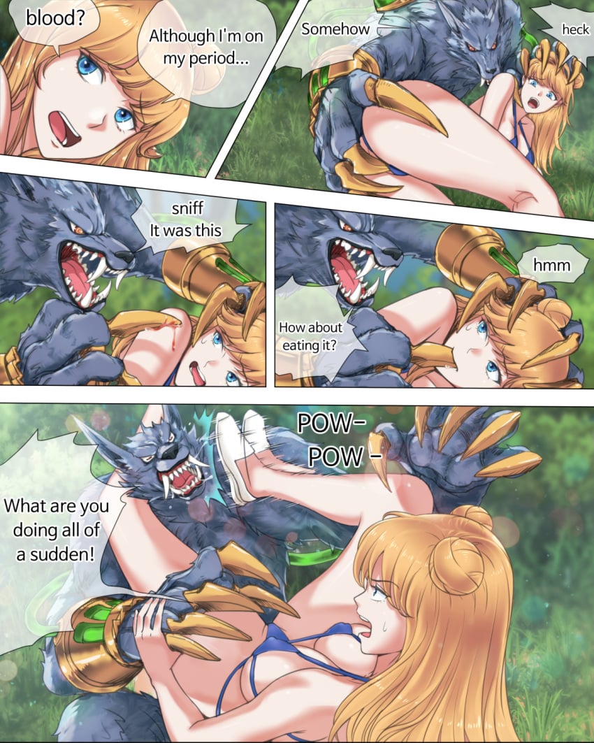 big_breasts blonde_hair blue_eyes breasts claws fangs female fight fingering forced forest large_breasts league_of_legends luxanna_crownguard manhwa micro_bikini pingya posing rape smooth_skin space_groove_lux space_groove_series surprised warwick werewolf