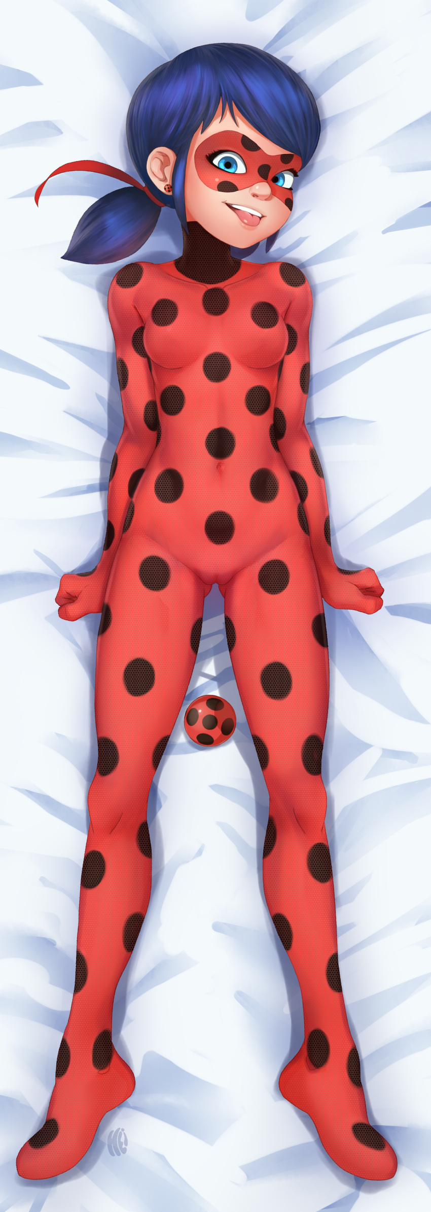 1girls absurd_res blue_hair bodysuit cameltoe color colored dakimakura dakimakura_design earrings female female_only full_body fully_clothed heightes ladybug_(character) looking_at_viewer marinette_cheng marinette_dupain-cheng mask miraculous_ladybug png signature smile solo tongue_out yo-yo