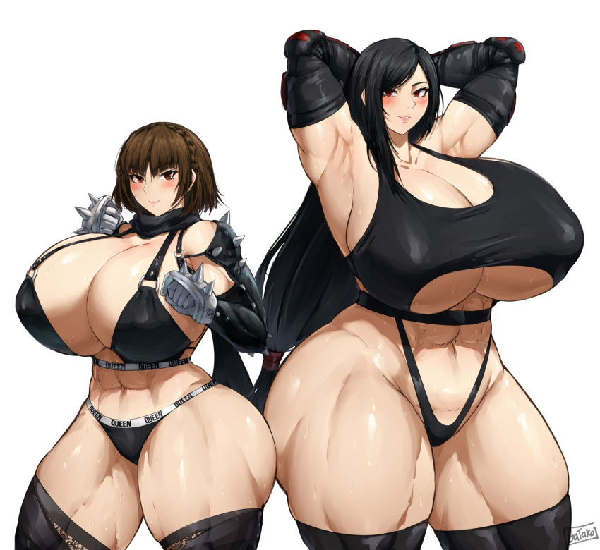 2girls alternate_breast_size armpits arms_up atlus batako batako1812 big_breasts black_clothing black_hair blush blushing bodybuilder breasts_bigger_than_head brown_hair busty clothing curvaceous curvy curvy_body curvy_female curvy_figure enormous_breasts female_only final_fantasy final_fantasy_vii fit_female gigantic_breasts hourglass_figure huge_breasts human hyper_breasts large_breasts long_hair makoto_niijima massive_breasts muscular muscular_female pale_skin persona persona_5 phantom_thief_suit red_eyes scarf short_hair sports_bra square_enix thick_thighs tifa_lockhart venus_body voluptuous wide_hips