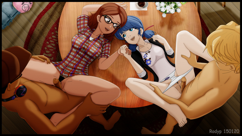 2boys 2girls adrien_agreste alya_cesaire black_panties blue_eyes blue_hair clothed_female_nude_male clothed_sex color colored glasses group_sex happy marinette_cheng marinette_dupain-cheng miraculous_ladybug missionary_position nino_lahiffe panties panties_aside penis pussy red_hair rodyp shirt spread_legs straight_sex table table_sex tagme unseen_male_face white_panties