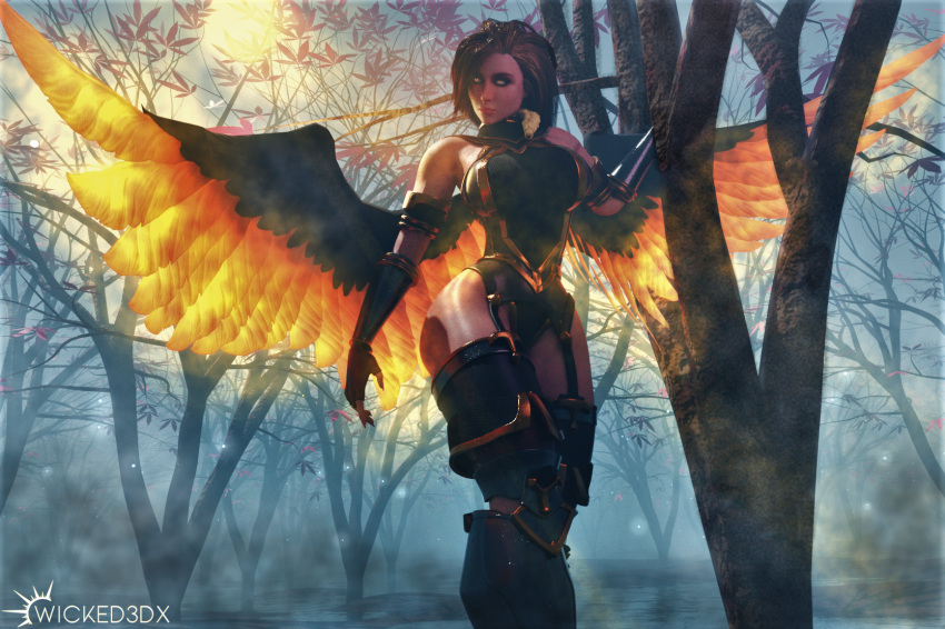 1girls 3d angel angel_wings armor armored_boots ass big_ass big_breasts big_butt black_legwear black_wings brown_hair fanart female forest forest_background furia_(paladins) glowing glowing_eyes legs lingerie orange_wings paladins tanned tanned_skin thick_legs thick_thighs wicked3dx yellow_eyes