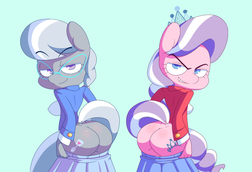 2girls age_difference anthro ass big_ass blue_background blue_eyes blue_skirt blue_vest bluebreed cutie_mark diamond_tiara_(mlp) equid equine female female_only friendship_is_magic glasses grey_fur grey_mane grey_skin looking_at_viewer mane mooning my_little_pony pants_down pink_fur pink_skin presenting_hindquarters purple_eyes purple_mane red_vest school_uniform schoolgirl sideboob silver_spoon_(mlp) skirt skirt_down smile tail tiara two_tone_hair white_mane