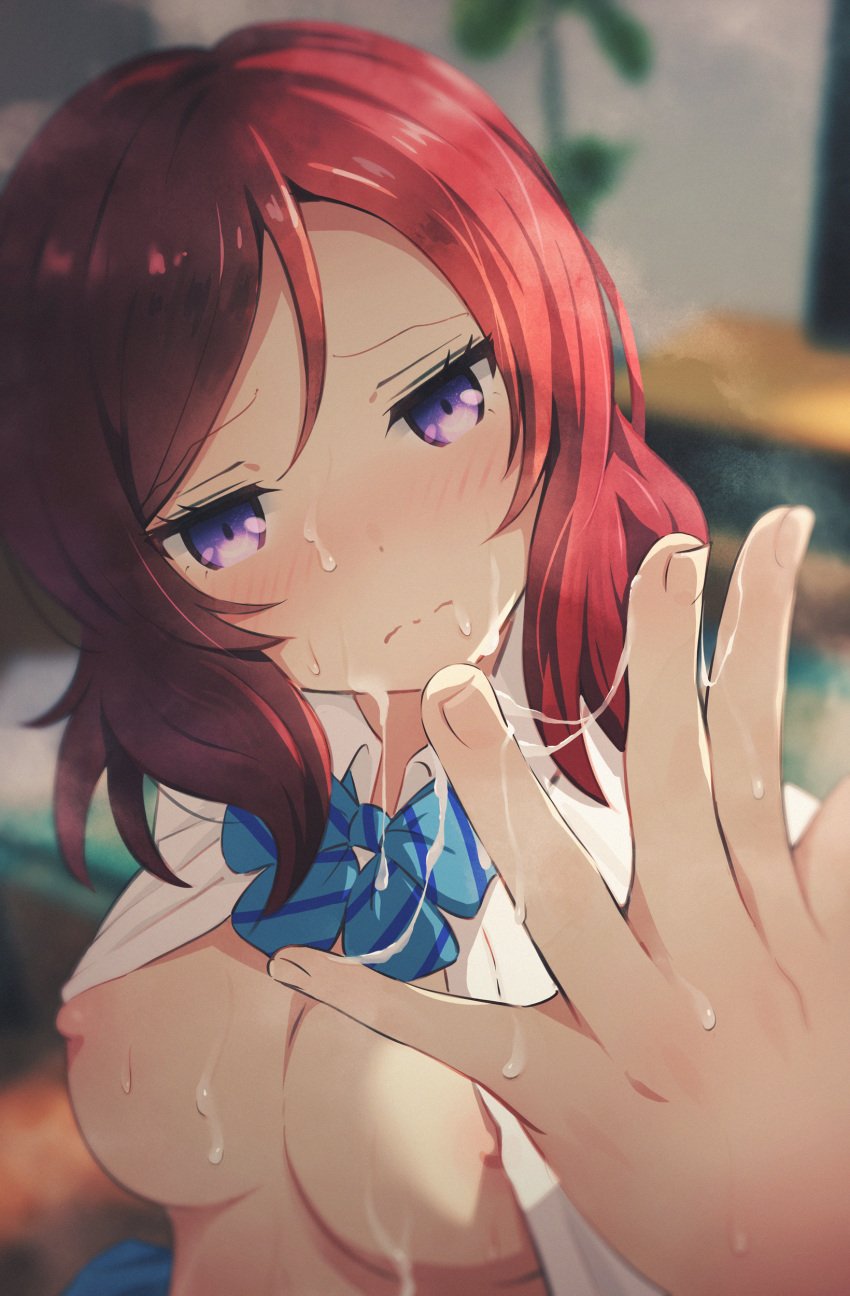 1girls asou_(asabu202) breasts breasts_out breasts_out_of_clothes cum female female_human female_only human human_female human_only love_live! love_live!_school_idol_project nipples nishikino_maki no_bra open_shirt purple_eyes red_hair seifuku solo solo_female wet