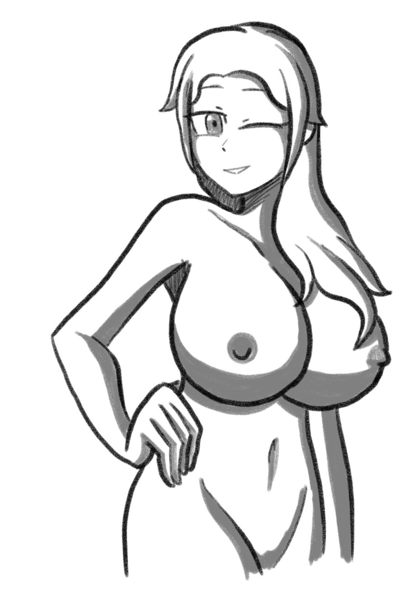 1girls big_breasts black_and_white breasts female female_only hand_on_hip laura_morales looking_at_viewer medium_hair nairod103098 naked navel nipples no_color nude nude_female oc one_eye_closed original original_character sketch solo wink winking winking_at_viewer