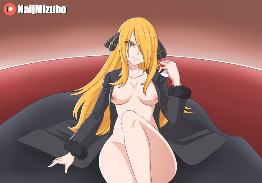 blonde_hair breasts coat cynthia_(pokemon) grey_eyes hair_over_one_eye naijmizuho nintendo nipples pinup pokemon smirk