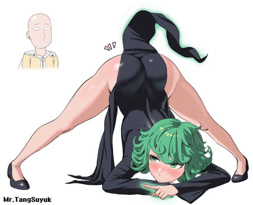 1boy 1girls ass ass_focus ass_up bald dress dress_lift embarrassed face_down face_down_ass_up female female_focus green_eyes green_hair jack-o_pose jackochallenge legs_spread lifted_by_self lifting_skirt male mr_tangsuyuk one-punch_man presenting saitama short_hair solo_focus tatsumaki telekinesis