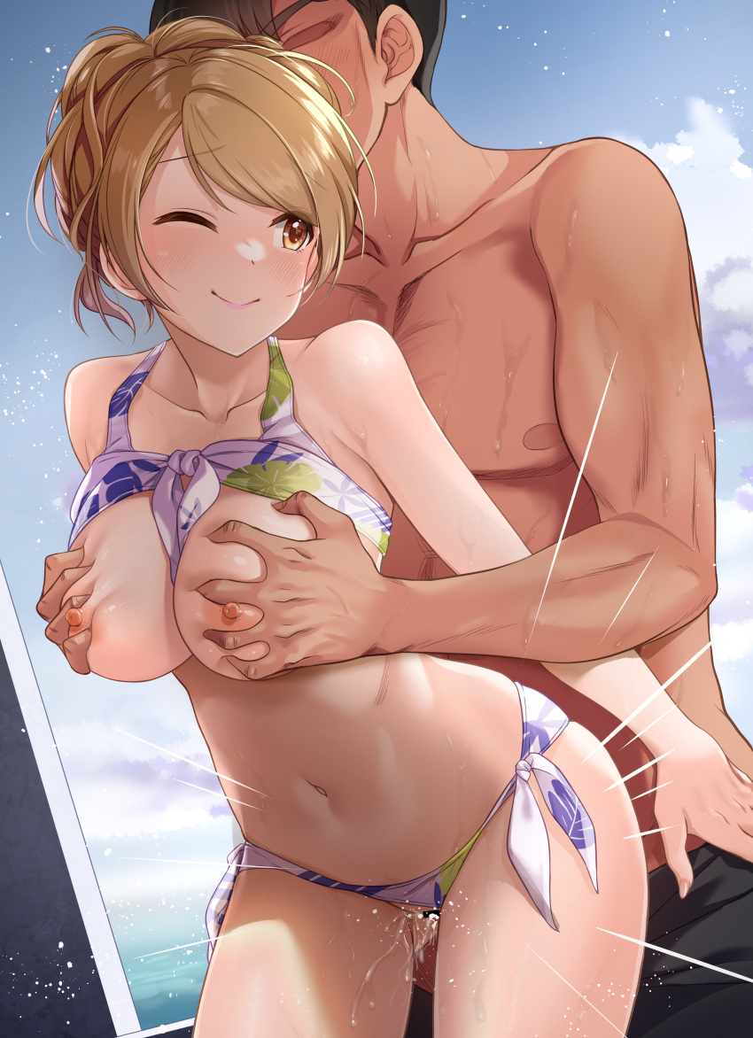 bikini breast_grab breasts houjou_karen idolmaster mk_(mod0) nipples panty_pull producer pussy_juice sex swimsuits the_idolm@ster the_idolm@ster_cinderella_girls