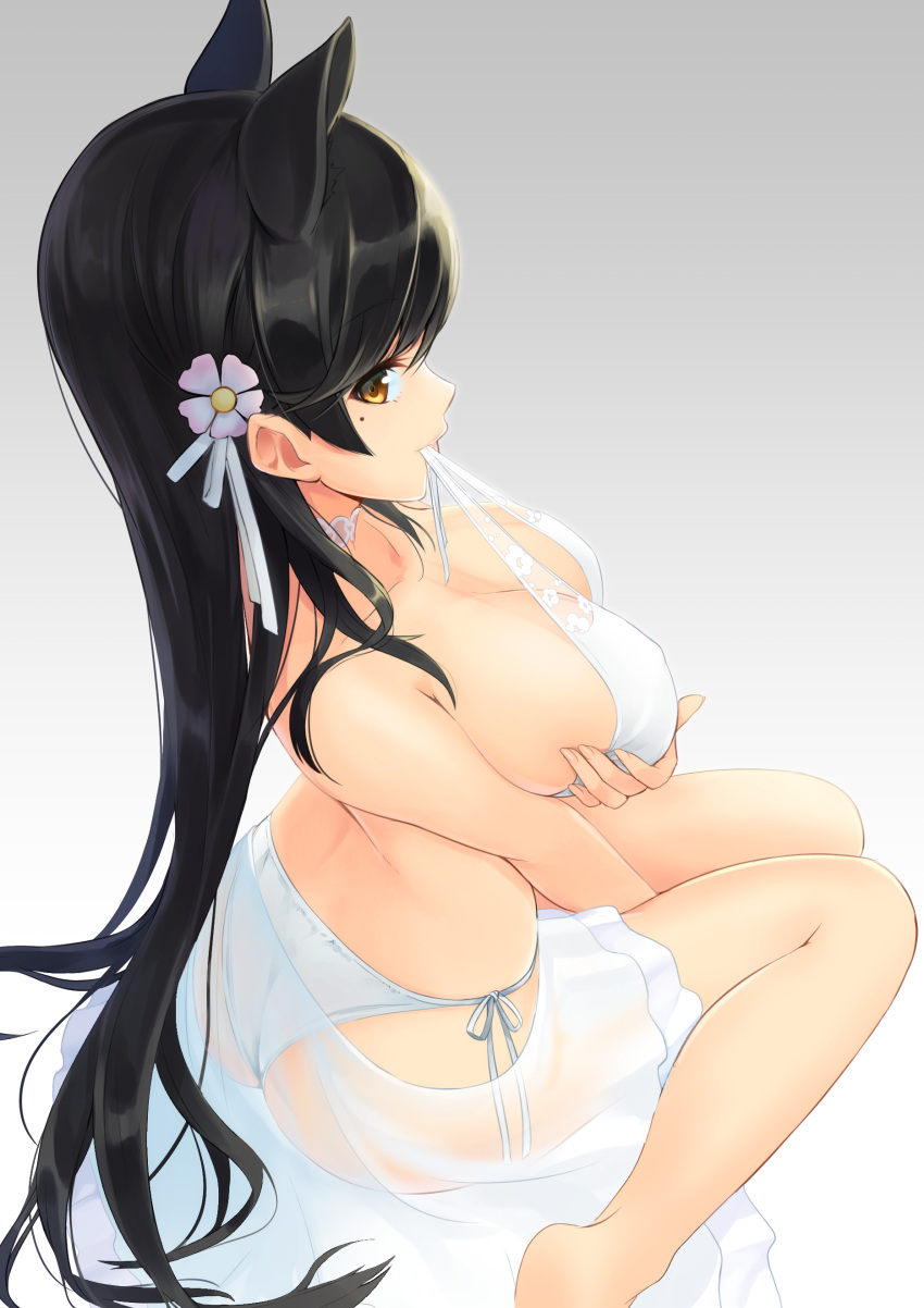 1girls animal_ears anthropomorphization ass atago_(azur_lane) atago_(summer_march)_(azur_lane) azur_lane bikini black_hair breast_hold breasts brown_eyes choker clavicle cleavage ear female flower golden_eyes gradient gradient_background hair_flower hair_ornament high_resolution large_breasts light-skinned_female light_skin long_hair looking_at_viewer looking_to_the_side mesonchu mole mole_under_eye mouth_hold multi_ear polka_dot_bikini sakura_empire_(azur_lane) see-through side-tie_bottom side_view sideboob simple_background sitting solo swimsuit tagme very_high_resolution white_bikini white_choker white_swimsuit