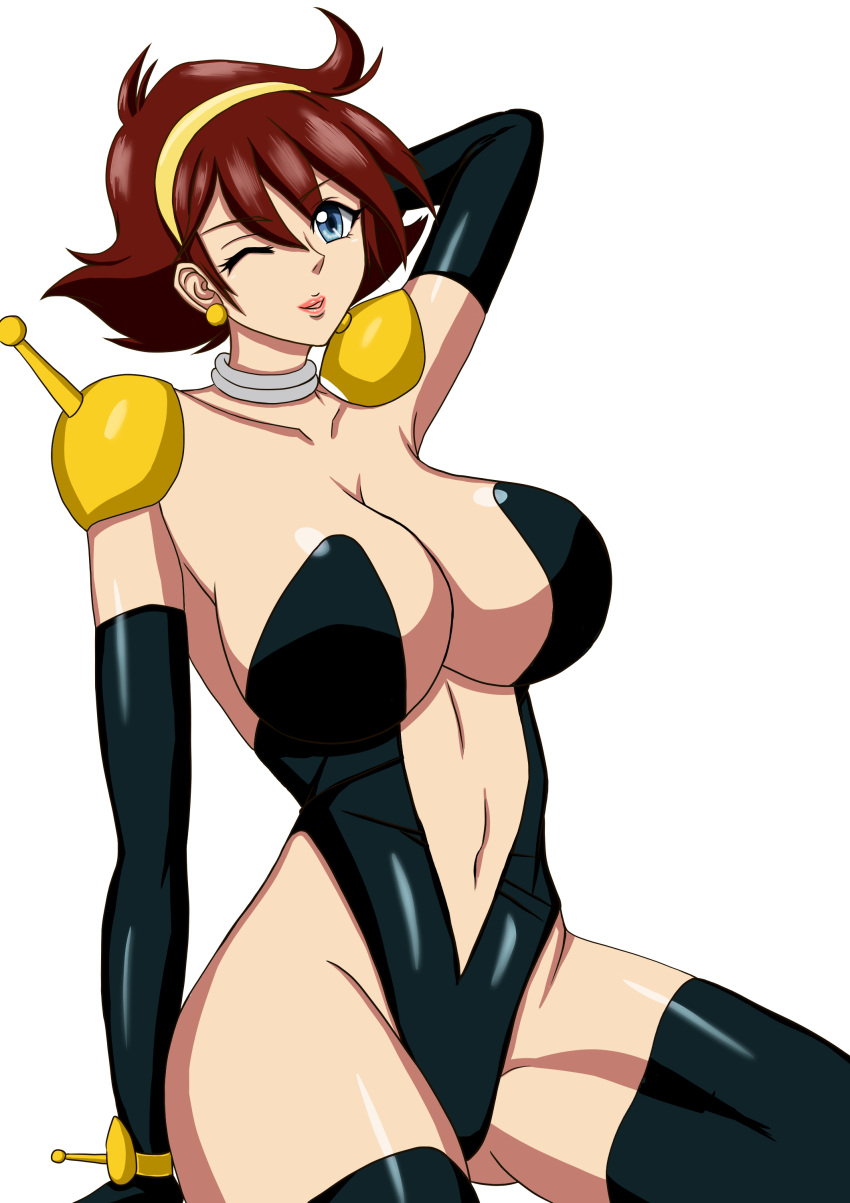 1girls 2019 blue_eyes bodysuit breasts brown_hair cleavage cowboy_shot curvaceous earrings female female_focus female_only g_gundam gundam hairband human kutouyuse large_breasts light-skinned_female light_skin looking_at_viewer mobile_trace_suit one_eye_closed pilot_suit presenting rain_mikamura short_hair smile smiling_at_viewer solo_female thighhighs thighs wide_hips wink yellow_earrings yellow_hairband