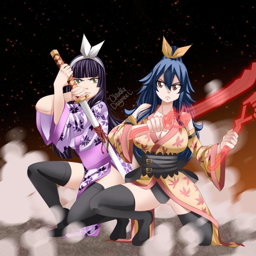 2girls big_breasts blue_hair claudia_dragneel crossover edens_zero fairy_tail female_only full_body green_eyes homura_kogetsu kagura_mikazuchi kneeling multiple_girls orange_eyes purple_hair thick_thighs thighhighs