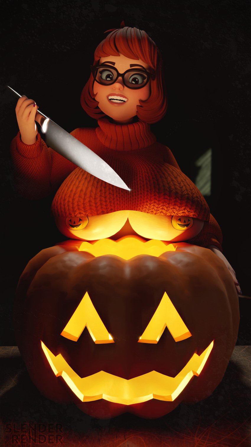 1girls 3d 3d_(artwork) absurdres blender brown_hair female glasses hanna-barbera highres human jack-o'-lantern knife looking_at_viewer pasties pinup pinup_pose pumpkin scooby-doo slenderrender solo solo_female solo_focus sweater tagme underboob velma_dinkley