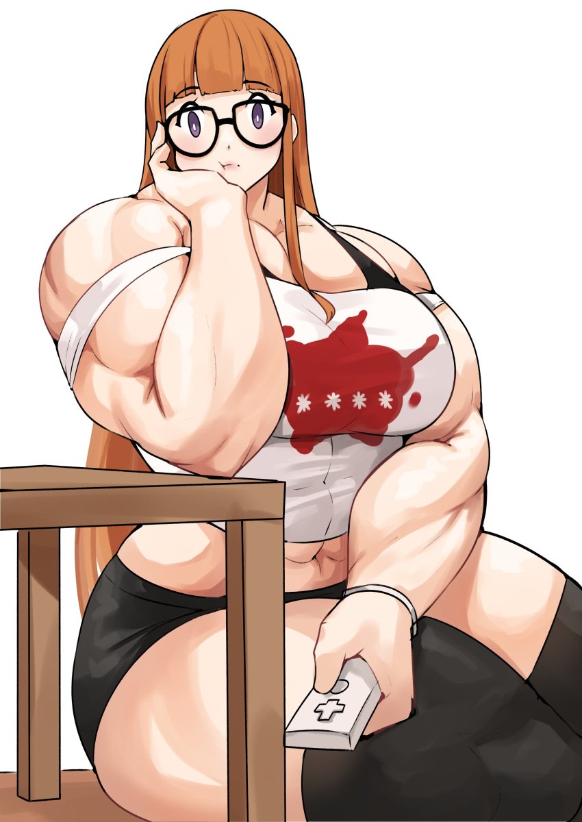 abs atlus big_breasts bra eye_contact glasses huge_breasts looking_at_viewer megane musctonk muscular muscular_arms muscular_back muscular_female muscular_legs muscular_thighs persona persona_5 pov pov_eye_contact remote_control sakura_futaba shorts sitting stockings