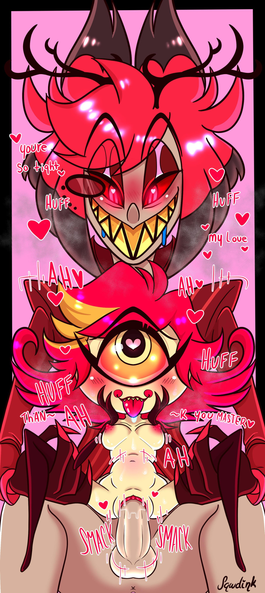 1_eye alastor_(hazbin_hotel) anus ass balls breasts clothed clothing cyclops duo fangs female hazbin_hotel humanoid male male/female niffty open_mouth open_smile partially_clothed penis pleasure_face red_eyes red_hair sex size_difference smile smooth_skin sqwdink straight