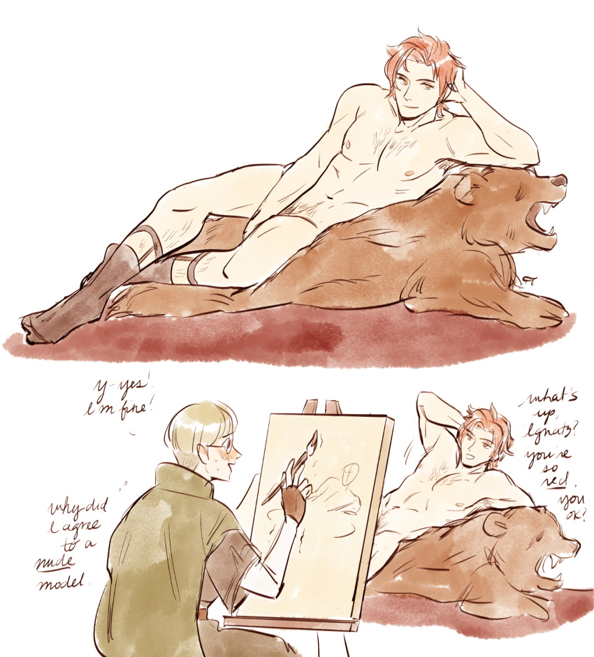 2boys blush chickenbabby completely_nude cyaptinpiss embarrassed english_text fire_emblem fire_emblem:_three_houses glasses ignatz_victor male male_only nintendo nude nude_male orange_hair painting pose short_hair smile sylvain_jose_gautier text yaoi