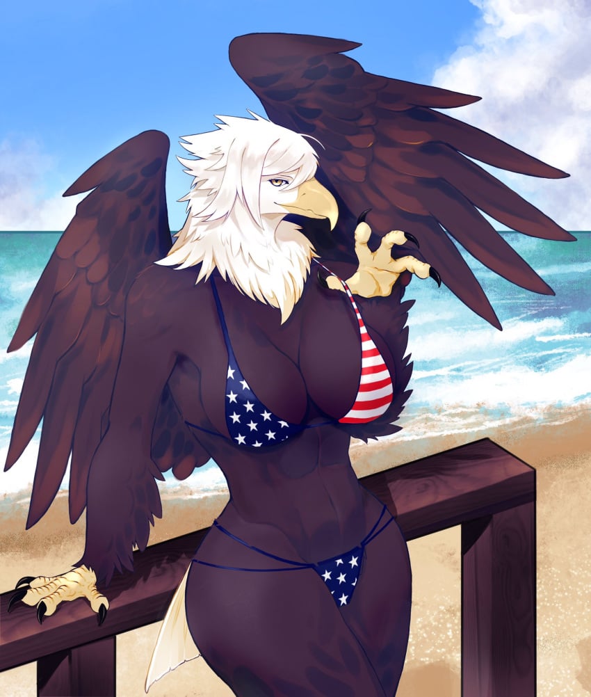 1girls 30clock 4th_of_july american_eagle american_flag american_flag_bikini anthro avian beach bikini bikini_lift brown_feathers eagle female female_only hi_res leaning_back leaning_on_hand looking_at_viewer narrowed_eyes seaside solo solo_female white_hair wings yellow_eyes